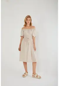Rochie midi - cu umerii goi - bej - textil