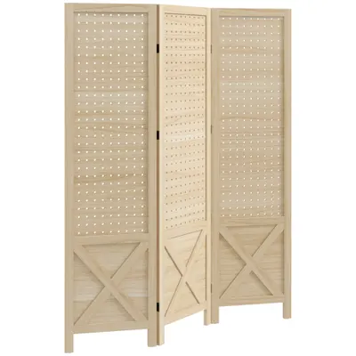 HOMCOM Paravan interior din lemn 3 panouri separator de cameră pliabil panou perforat 114 x 1,7 x 144,5 cm lemn natural | Aosom Romania