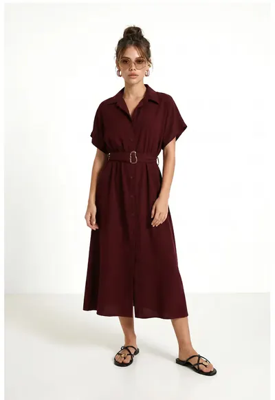 Rochie Midi Camasa Happiness Istanbul - Rosu - bumbac-poliester - cu curea - maneci scurte