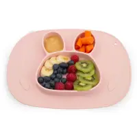 Farfurie compartimentata Ricokids Iepuras Roz cu capac din silicon ,fara bpa,potrivit pentru masina de vase si microunde