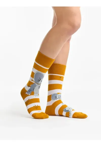Sosete colorate cu dungi si elefanti Elephant & Stripes - Galben mustar