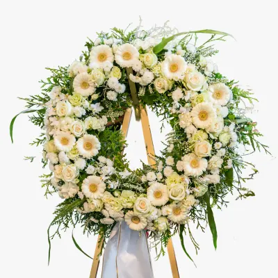 Coroana funerara cu gerbera si trandafiri