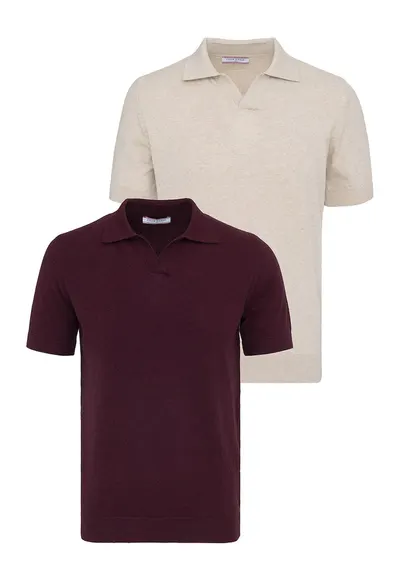 Set de tricouri din bumbac cu guler polo - 2 piese - Visiniu/Bej