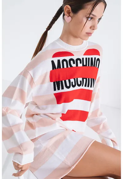 Rochie dreapta din lana cu model in dungi - Rosu/Alb/Piersica