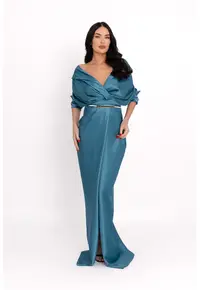 Rochie lunga cu model drapat - Turcoaz