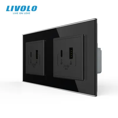 Priza dubla USB tip A si tip C, cu rama sticla Negru
