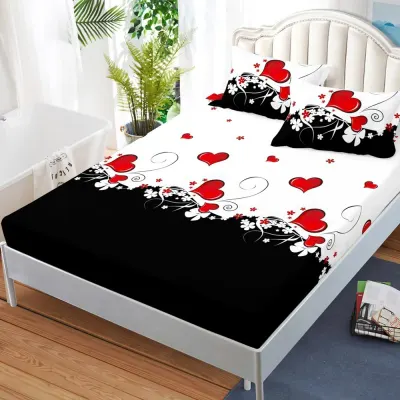 Cearsaf cu elastic, FINET, 180x200cm, 2 fete de perne 50x70cm, Alb, Negru, inimioare