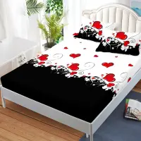 Cearsaf cu elastic, FINET, 180x200cm, 2 fete de perne 50x70cm, Alb, Negru, inimioare