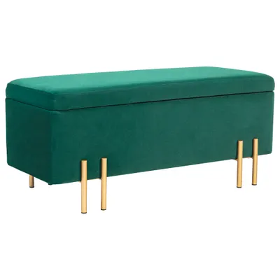 HOMCOM Bancă cu depozitare, banchetă tapițată cu spațiu de depozitare, metal, lemn de cauciuc, spumă, 100 x 40 x 42 cm, Verde | Aosom Romania