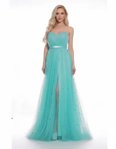 Rochie lunga de ocazie din tulle cu perle multicolore