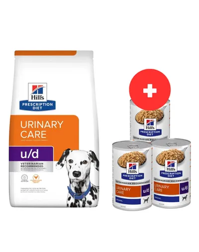 HILL'S Prescription Diet Canine U/D Urinary Care 10 kg tract urinar sensibil + 3 x 370g hrana caini GRATIS