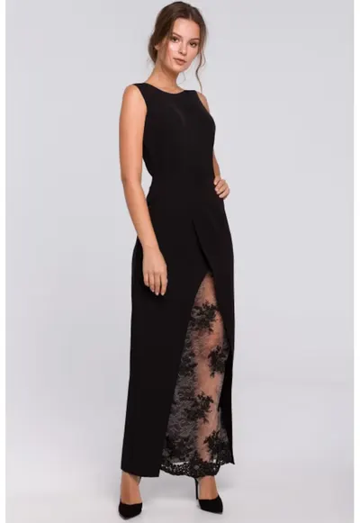 Rochie lunga de seara cu partea de jos din dantela - - Negru