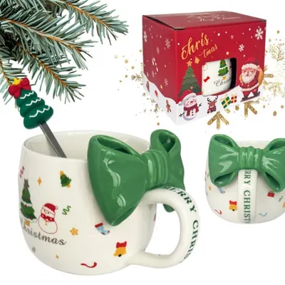 Cană ceramică, de Crăciun, cu fundă verde și linguriță, 400ml, KB25ZIE, eCarla