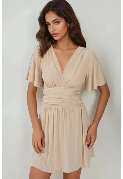 Rochie mini decolteu in V - maneci scurte - bej - jerseu