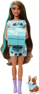 Set de joacă Barbie Party Unboxed - Barbie, cu parul castaniu si 10 surprize