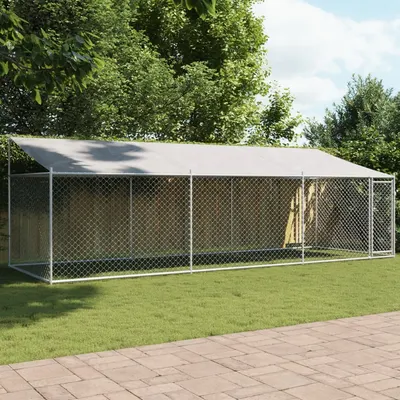 Gossi cusca caini cu acoperis si usi, gri, 6x2x2 m, otel galvanizat