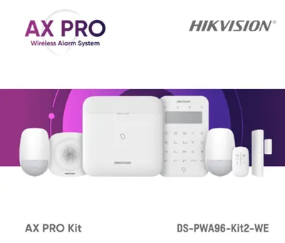 Kit de alarma wireless AX PRO Middle Level DS-PWA96-Kit2-WE contine: 1 x DS-PWA96-M-WE (96 zones wireless control panel), 2 x DS