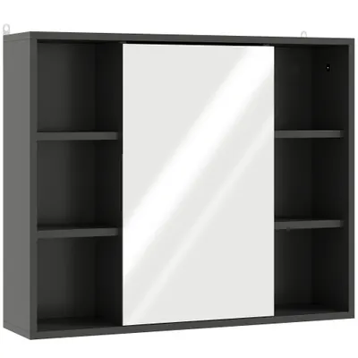 HOMCOM Dulap cu Oglindă pentru Baie, 3 Rafturi Laterale, Raft Reglabil, MDF și PAL, 60x14,5x49,4 cm, Negru și Lemn Natur | Aosom Romania