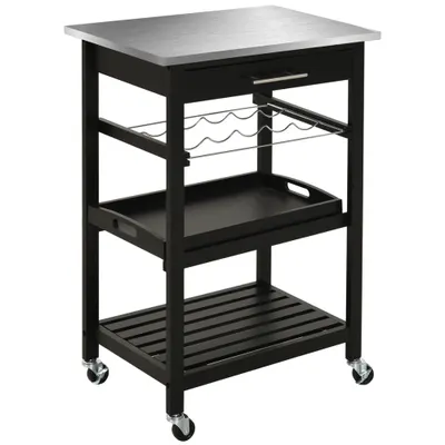 HOMCOM Carucior de Servire, carucior pentru bucatarie cu raft pentru sticle, 60L x 40l x 85h cm, blat din inox, negru | Aosom Romania