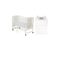 Set mobilier pentru copii, Qmini: Patut din lemn de pin si MDF cu roti, cu somiera reglabila in 3 trepte, Timmi Heart, 120x60 cm + Saltea cocos-burete-cocos, 8 cm + Comoda cu masuta de infasat, Alb