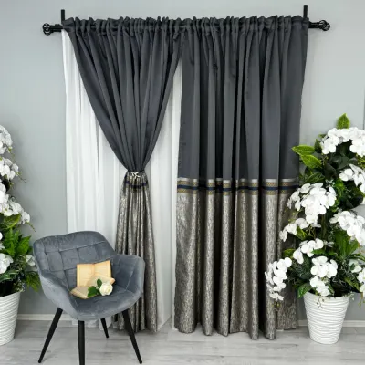 Set 2 Draperii Simplicity, Satinata, Texturata, Antracit cu Bej, 140cm latime x 260cm inaltime, cu tiv lat pt bara