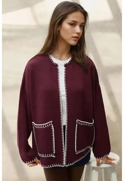 Cardigan lung tricotat - detalii cusute - visiniu - tricot