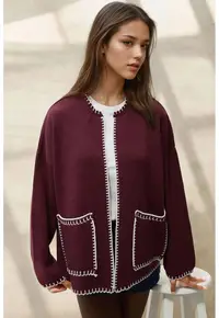 Cardigan lung tricotat - detalii cusute - visiniu - tricot