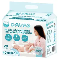 Set 20 aleze absorbante de unica folosinta Davas 40x60 cm, 5 straturi, cu polymer SAP, benzi adezive, transforma rapid lichidul in gel si neutralizeaza mirosul