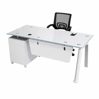 Set Prime & FlexiPro - Birou cu blat de sticla, dulap lateral fix si Scaun de birou ergonomic cu spatar mesh