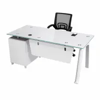 Set Prime & FlexiPro - Birou cu blat de sticla, dulap lateral fix si Scaun de birou ergonomic cu spatar mesh