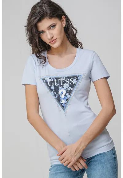 Tricou slim fit cu strasuri - Alb/Albastru deschis/Argintiu
