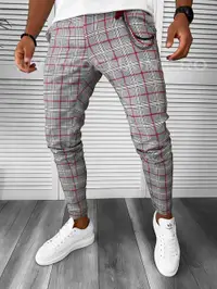 Pantaloni barbati casual regular fit gri in carouri B7844 B7-3.1