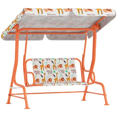 AIYAPLAY Leagăn pentru Copii cu 2 Locuri, Acoperiș Reglabil și Curele de Siguranță, Leagăn pentru Grădină și Interior din Oțel și Material Oxford, Max 60 kg, 112x75x120 cm, Portocaliu | Aosom Romania