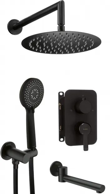 Set de dus incastrat, cu palarie, para de dus, duza cada si baterie, negru, Deante Arnika