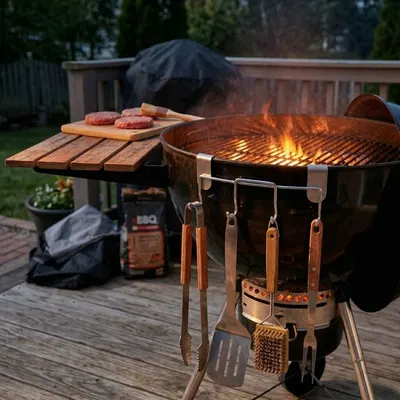 Suport metalic pentru ustensile BBQ – 4 cârlige, montare pe marginea grătarului