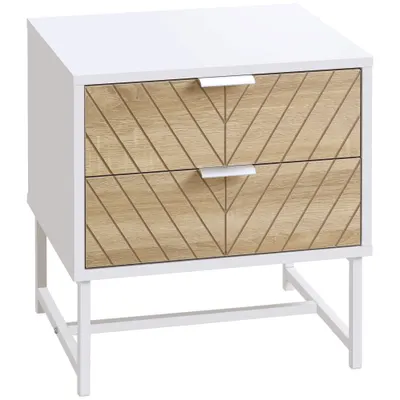 HOMCOM Noptieră cu 2 sertare și picioare din oțel masă auxiliară pentru living dormitor 45x39x48cm alb și stejar | Aosom Romania