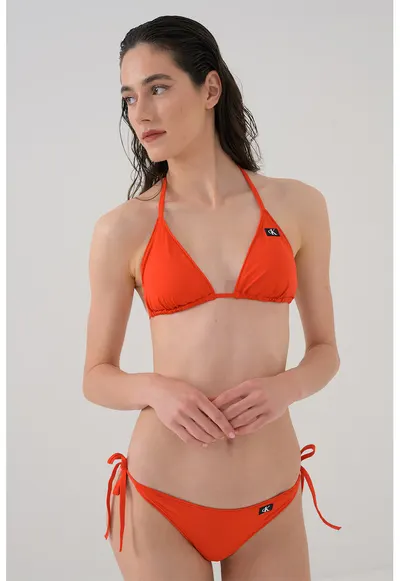 Sutien de baie cu cupe triunghiulare si logo - Rosu