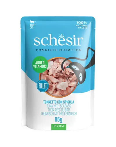 SCHESIR Jelly Adult Tuna&Sea Bass 85g ton si biban de mare in aspic, hrana pisica adulta