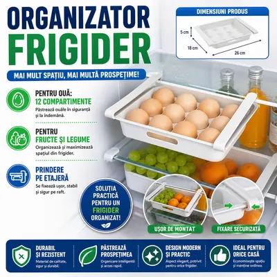 Cutie organizator pentru 12 oua, sistem prindere pe etajera