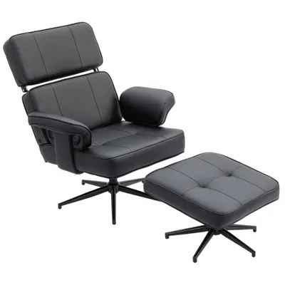 HOMCOM Fotoliu recliner reglabil cu otoman, tapițerie din piele ecologică, tetieră reglabilă pe înălțime, bază metalică, Negru | Aosom Romania