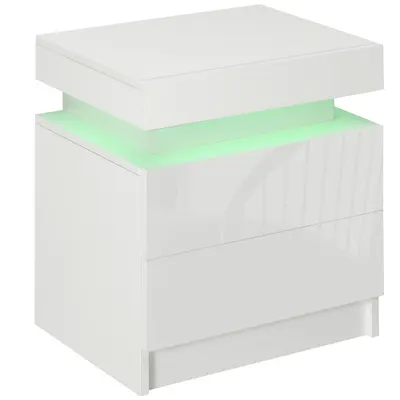Noptiera alba HOMCOM cu lumina LED RGB, noptiera frontala lucioasa cu 2 sertare, pentru camera de zi, dormitor | Aosom RO