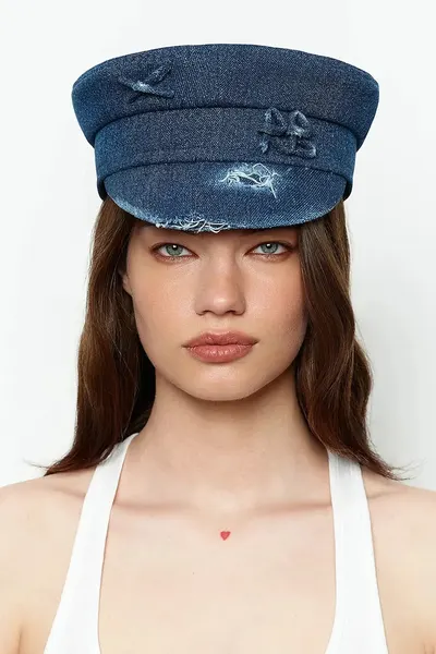 RUSLAN BAGINSKIY căciulă pentru femei, din denim Distressed Baker Boy Cap