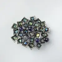 Brosa pandant metalica argintie, model geometric cu paua shell si ametist naturale