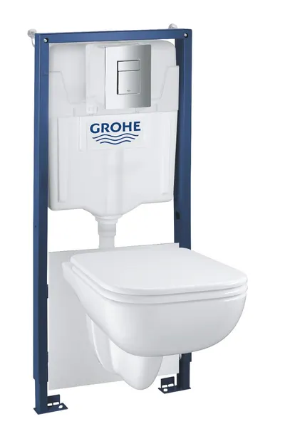 Pachet 5in1 WC Grohe Solido Edge 39817000, cadru, WC suspendat, rimless, SoftClose, elemente montaj, placa actionare crom, alb