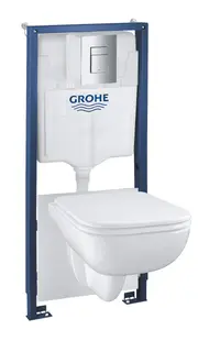 Pachet 5in1 WC Grohe Solido Edge 39817000, cadru, WC suspendat, rimless, SoftClose, elemente montaj, placa actionare crom, alb