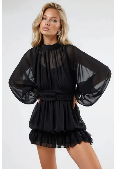 Rochie mini - cu volanase - negru - poliester/lycra
