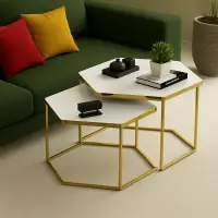 RESIGILAT - Set de 2 masute hexagonale, design Modern si Elegant cu Cadru Auriu si Blat Alb