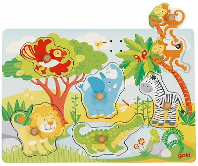 Puzzle muzical din lemn cu mânere Goki - Animale din zoo, 6 piese