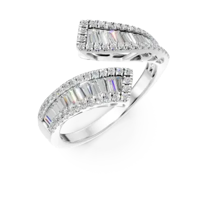 Inel deschis din aur alb cu diamante baguette si rotunde de 0.94ct