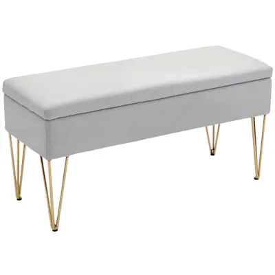 HOMCOM Bancă cu Depozitare din Material Textil și Picioare din Oțel, 100x40x49 cm, Gri Deschis | Aosom Romania